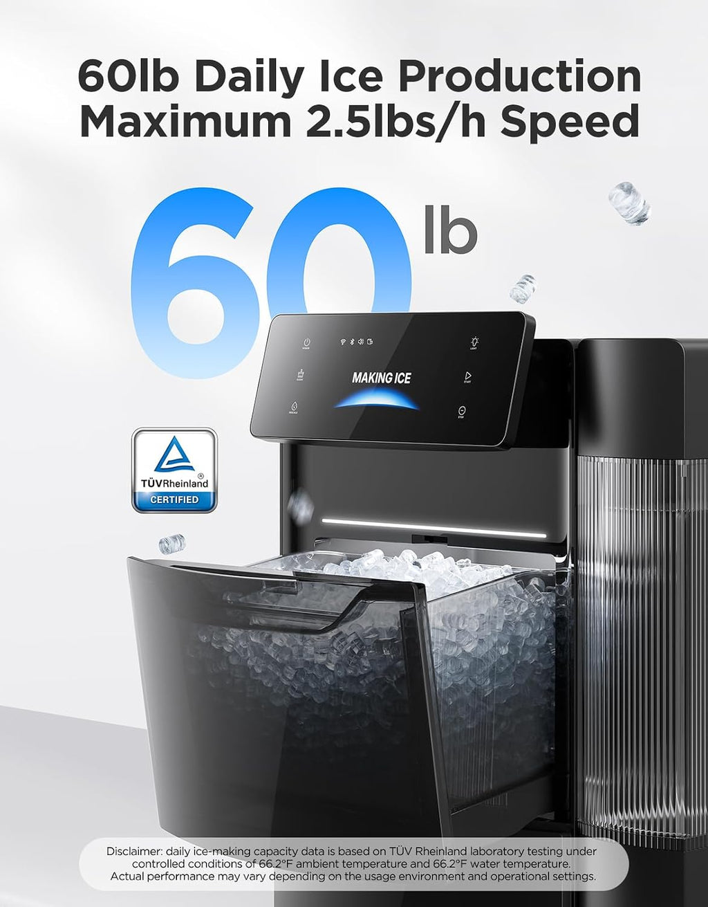 Smart Nugget Ice Maker Pro, 60lbs Daily, 6-Minute Ice, 40dB