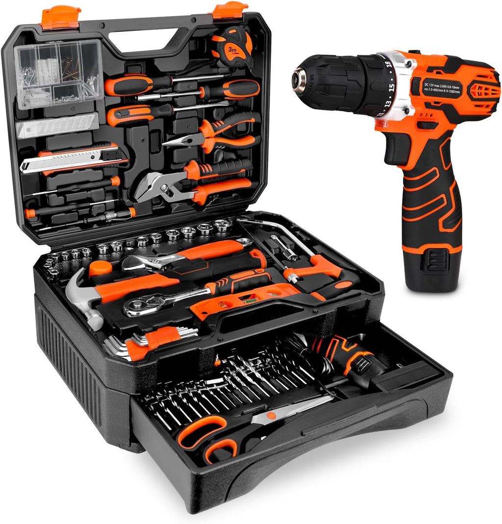 255-Piece Tool Set - Tool Kit with 12V Cordless Drill Driver, Toolbox Storage Case with Drawer, General Household