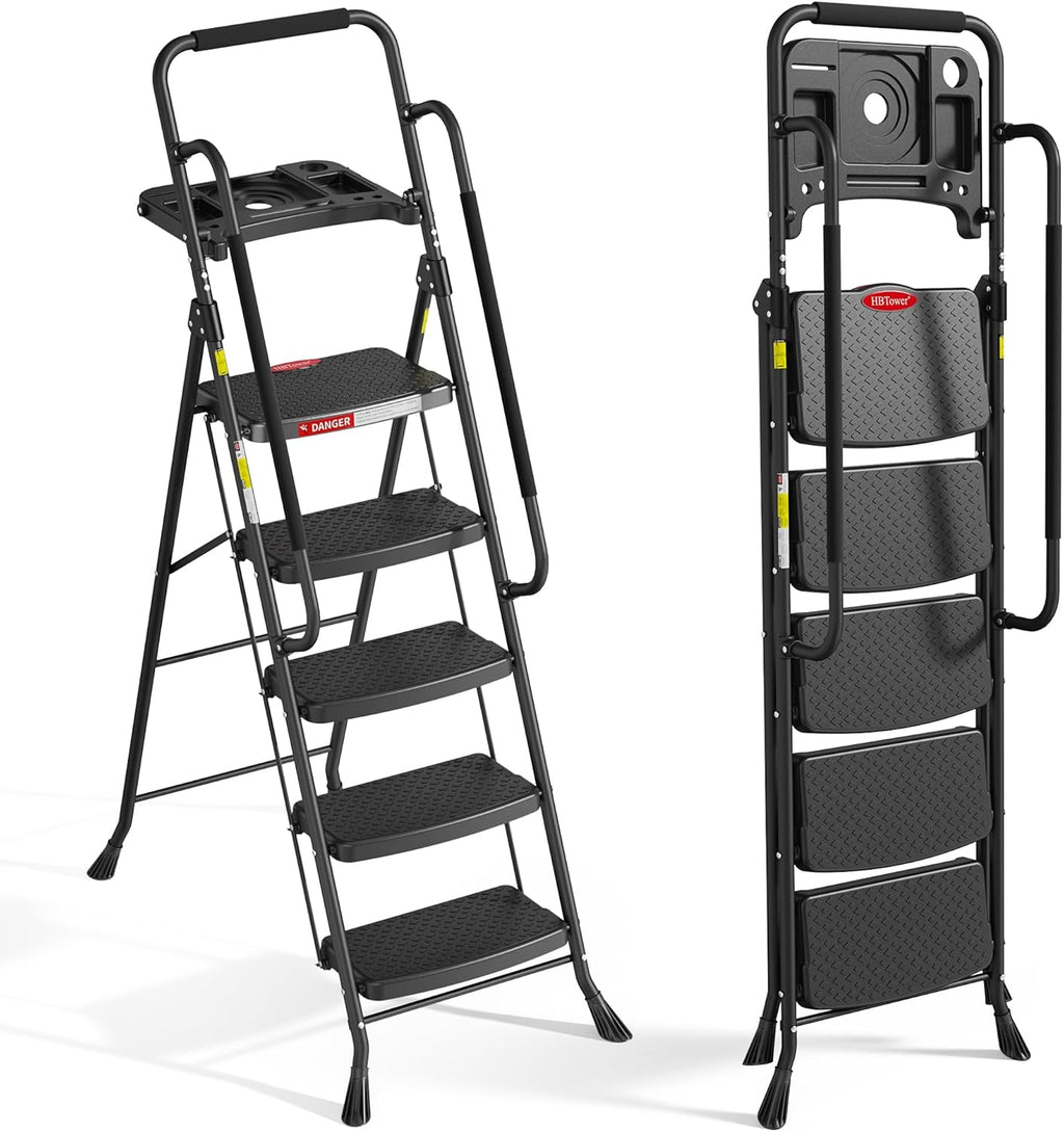 5 Step Ladder, Folding Step Ladder with Wide Anti-Slip Pedal & Tool Tray, Step Ladder with Handrails for Home and