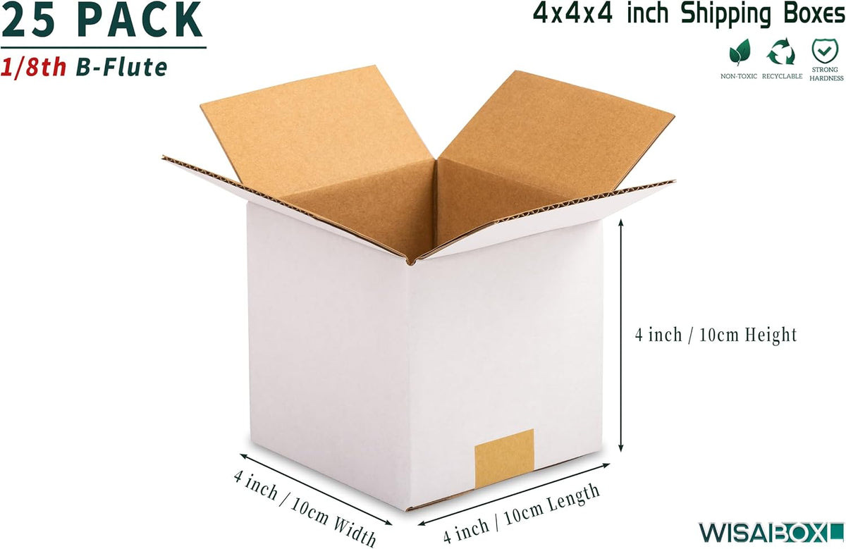 4x4x4 inch White Small Shipping Boxes, 25 Pack