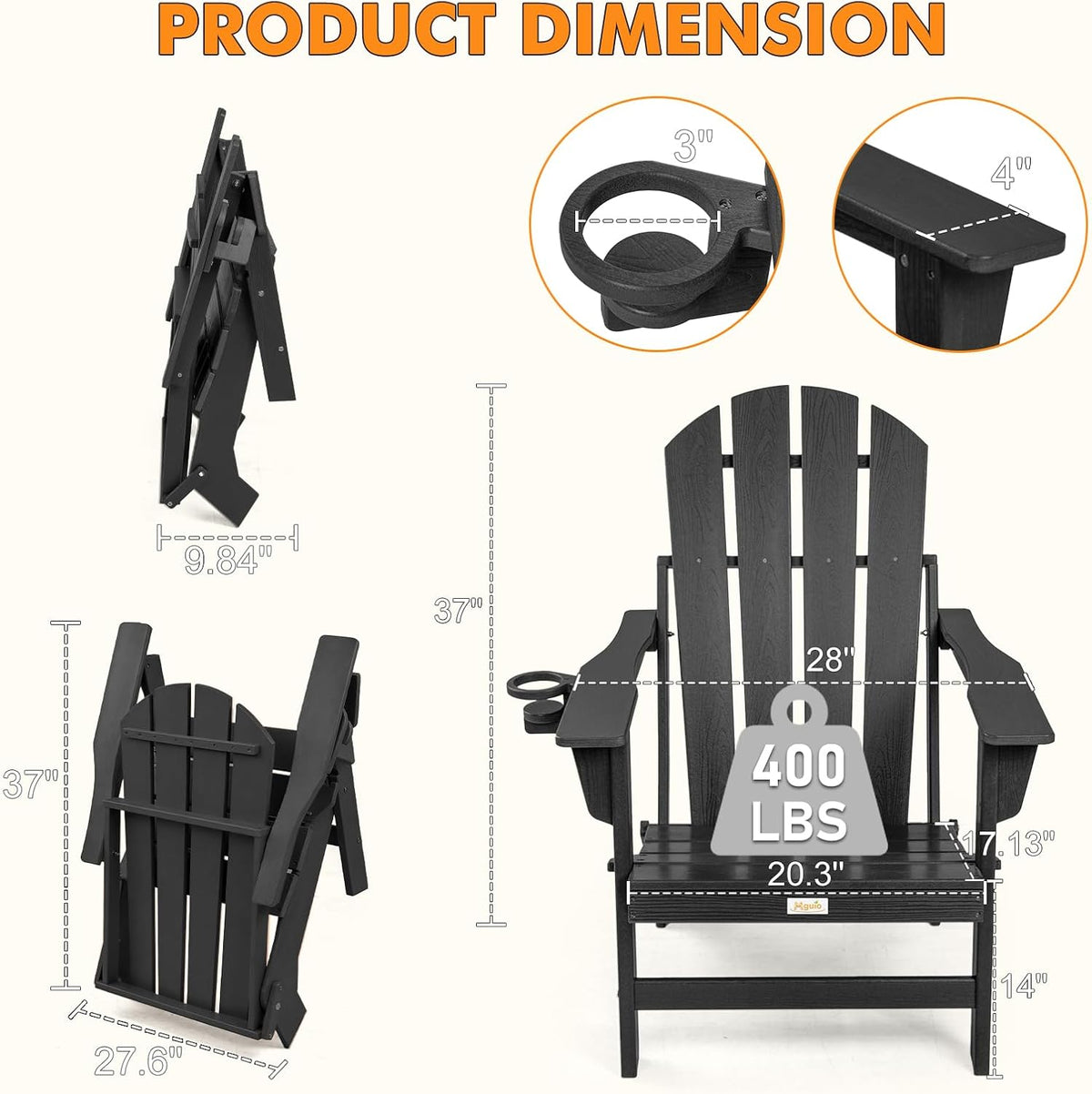 Oversized Folding HDPE Adirondack Chair 4-Pack, Gun-Leg Frame 400 LBS