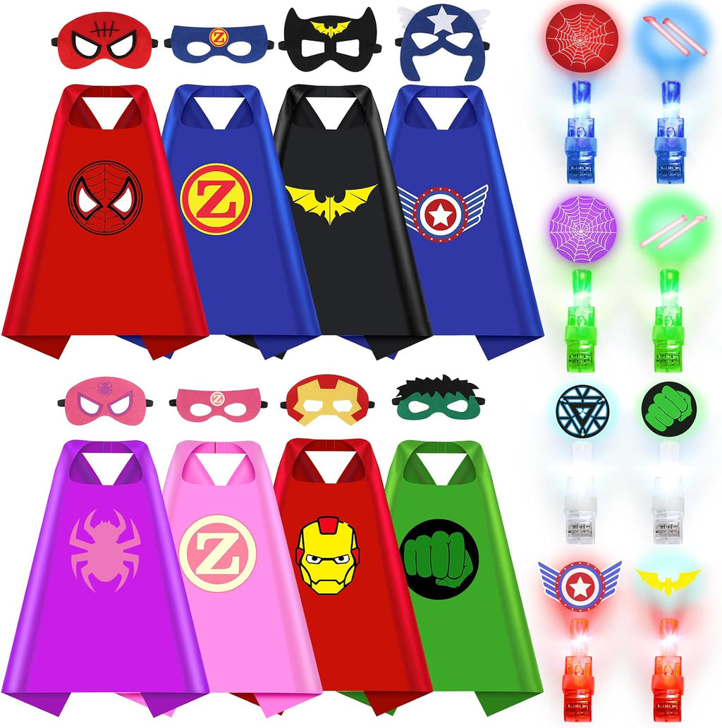 Superhero Capes with Finger Lights, Masks Dress Up for Kids 3-12 | 8 Capes, 8 Masks, 8 Lights for Boys Girls