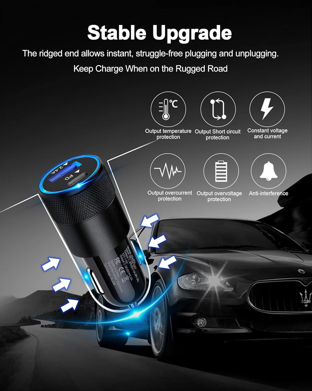30W PD USB C Car Charger, USB Type C Fast Power Charging Block Dual Port USB A & USBC Plug Cargador Carro Lighter