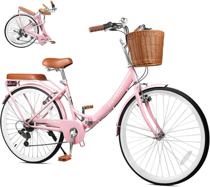 26 Inch Beach Cruiser Bike for Women, Hybrid Womens Bike with 7 Speed, Adjustable Seat, Lightweight Women Beach