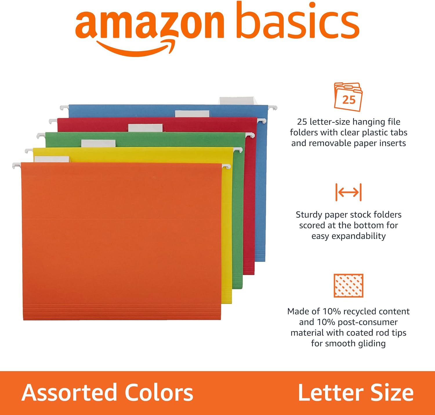 Hanging File Folders with Adjustable Tabs, Sturdy Expandable Document Organizer, Letter Size, Assorted Colors, 25-Pack