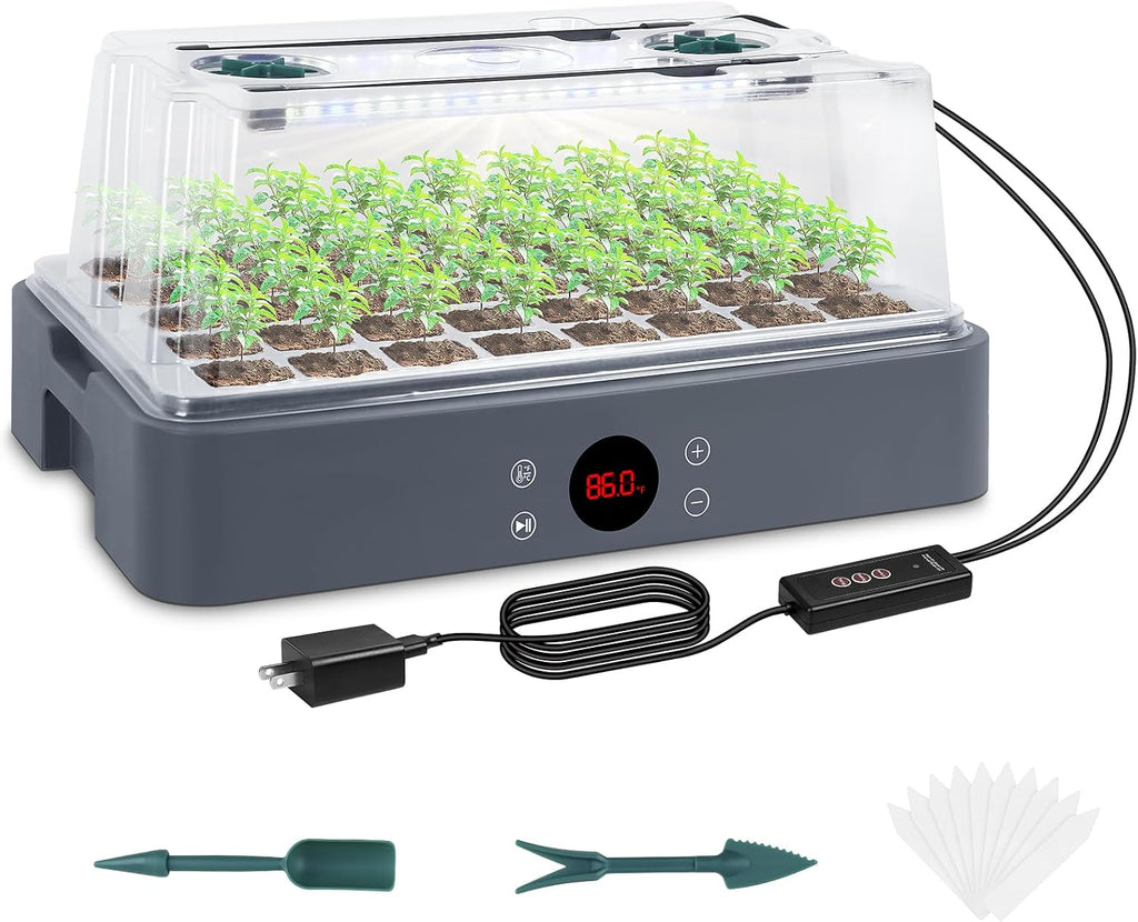 Seed Starter Tray with Grow Light, Heated Seed Starter Kit | Temperature Display, Humidity Dome Germination Kit