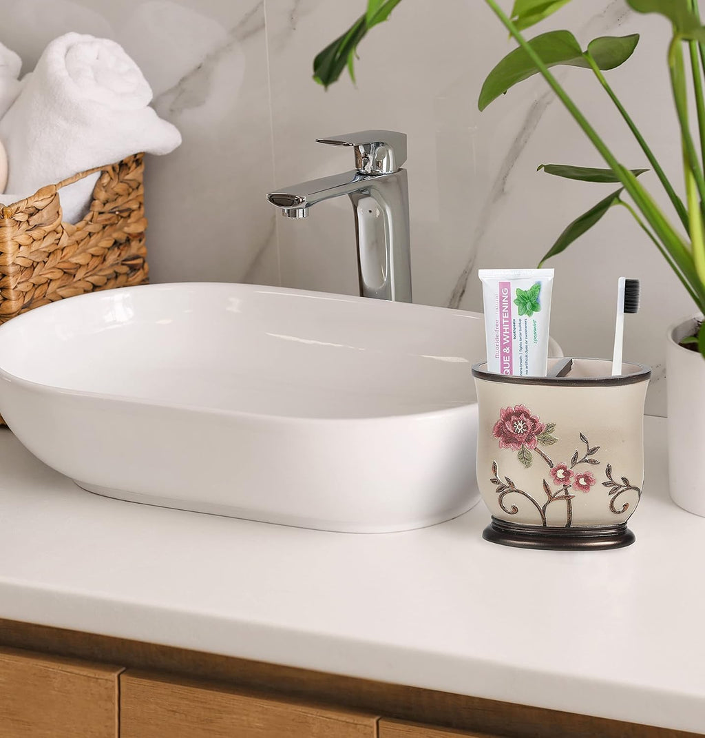 4pc Larrisa Floral Bathroom Accessories Sets Modern Classic Flower Soap Dispenser, Tumbler, Tooth Brush Holder and