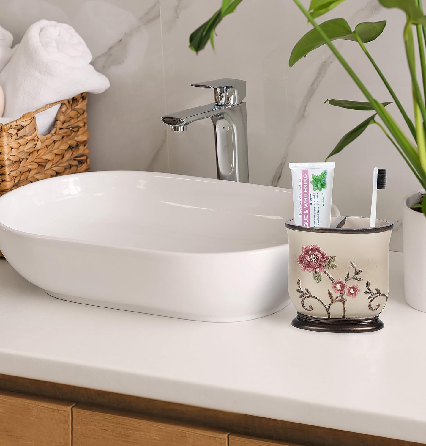 4pc Larrisa Floral Bathroom Accessories Sets Modern Classic Flower Soap Dispenser, Tumbler, Tooth Brush Holder and