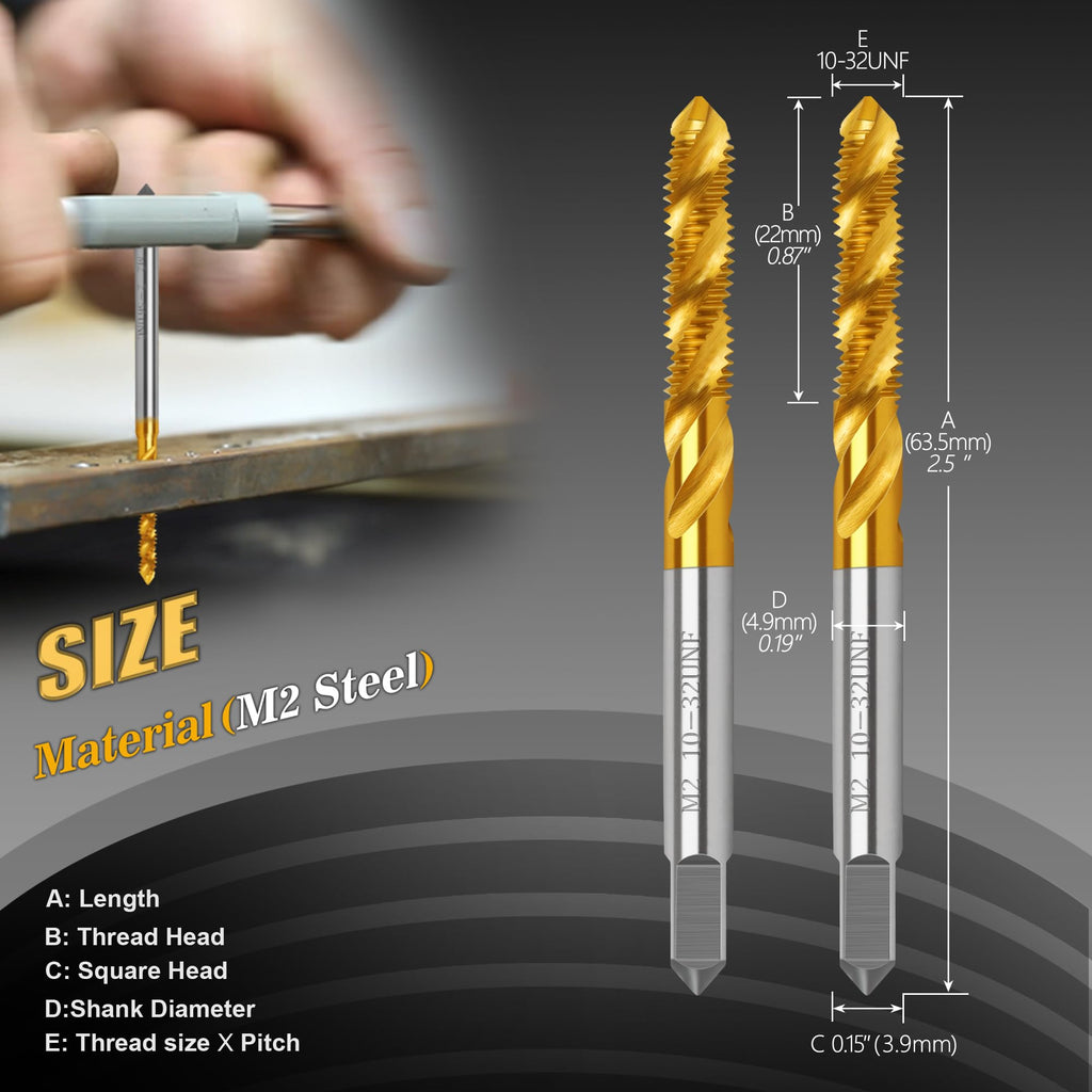 2Pcs 10-32 UNF Spiral Flute Thread Tap,Thread Milling Tap for Metal