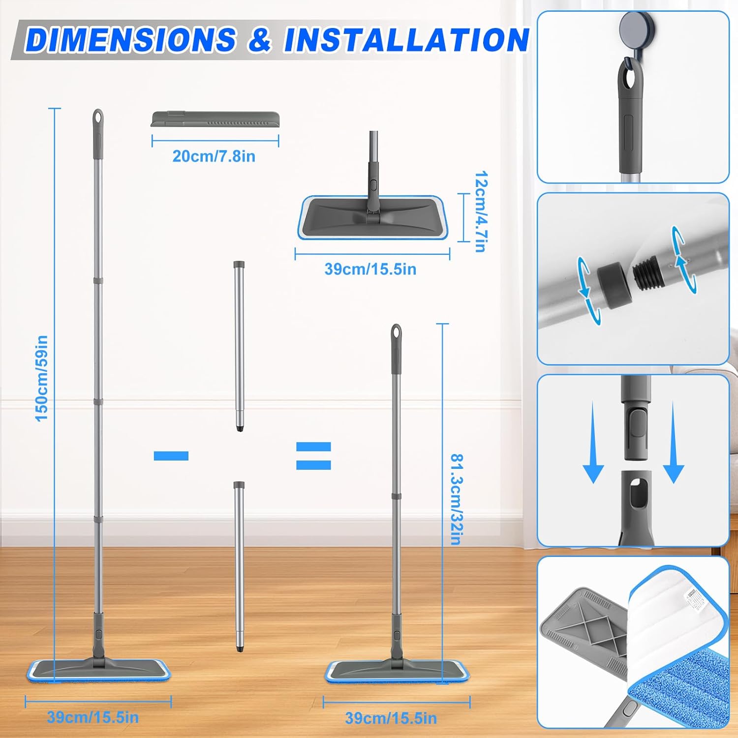 Microfiber Mops for Hardwood Floor Cleaning - BPAWA Flat Floor Mop with 4 Washable Pads for Laminate Wood Tile Vinyl