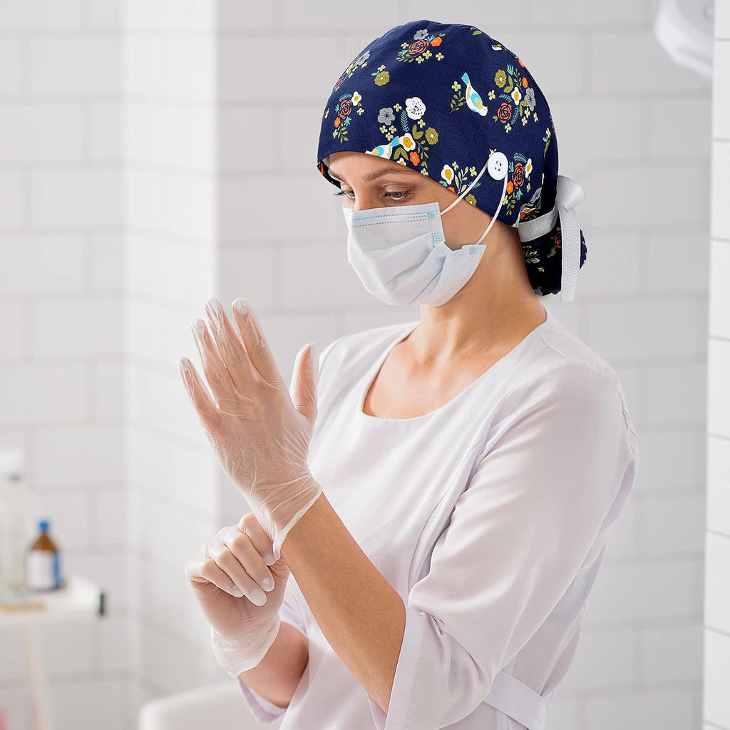 8 Pcs Scrub Caps for Women with Buttons, Ponytail Surgical Hats