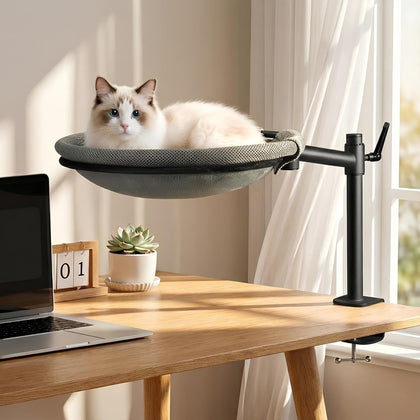 Cat Desk Bed - Sturdy Cat Bed for Desk with 360° Rotating & Adjustable Height, Elevated Cats Nest Perch for Desk, Grey