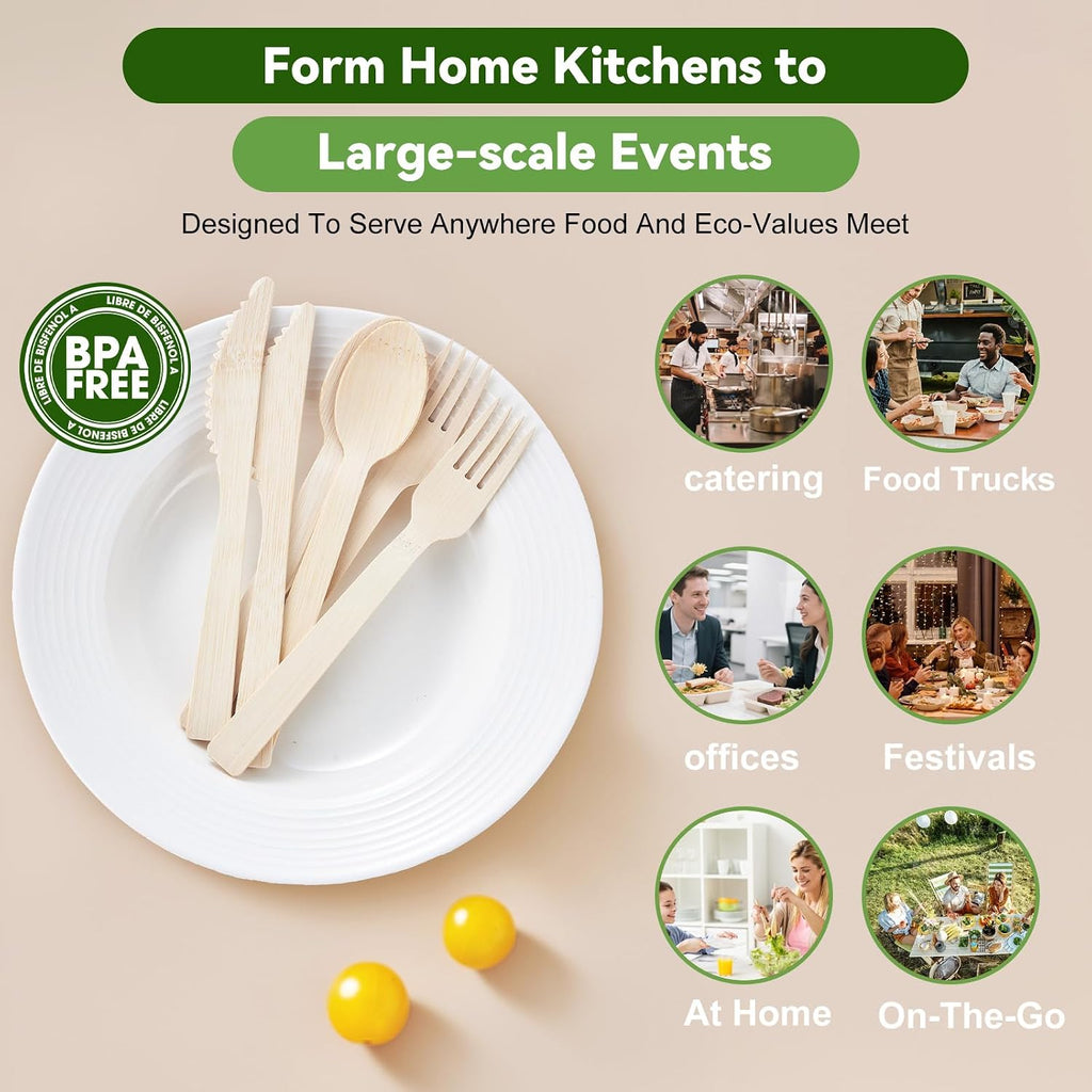 100% Bamboo Cutlery 120 Pack Set Disposable Compostable Utensils