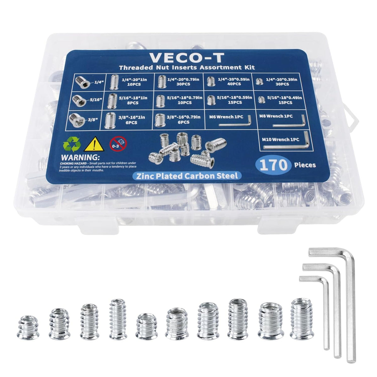170PCS Zinc Plated Threaded Inserts for Wood Kit, 10 Sizes Steel Threaded Inserts with M6 M8 M10 Hex Wrenches, Furniture Screw Inserts for Cabinet & Woodworking