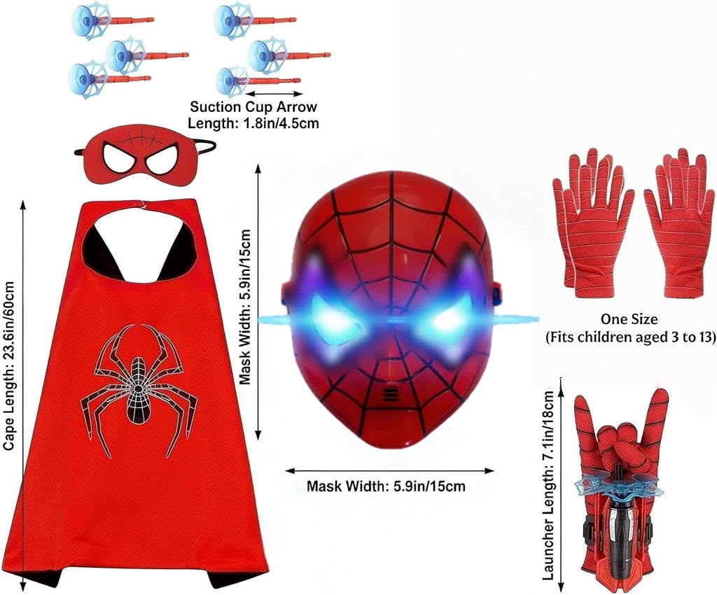 Superhero Costume for Kids, LED Mask, Cape and Web Shooter Set
