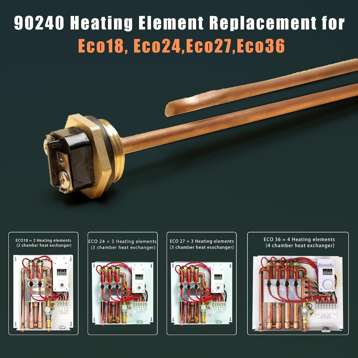 HE 90240 Heating Element, Replacement for EcoSmart ECO 18 27 36, 9KW 240V Water Heater Element for Electric Tankless Water Heaters, Screw-In,Copper, 2PCS