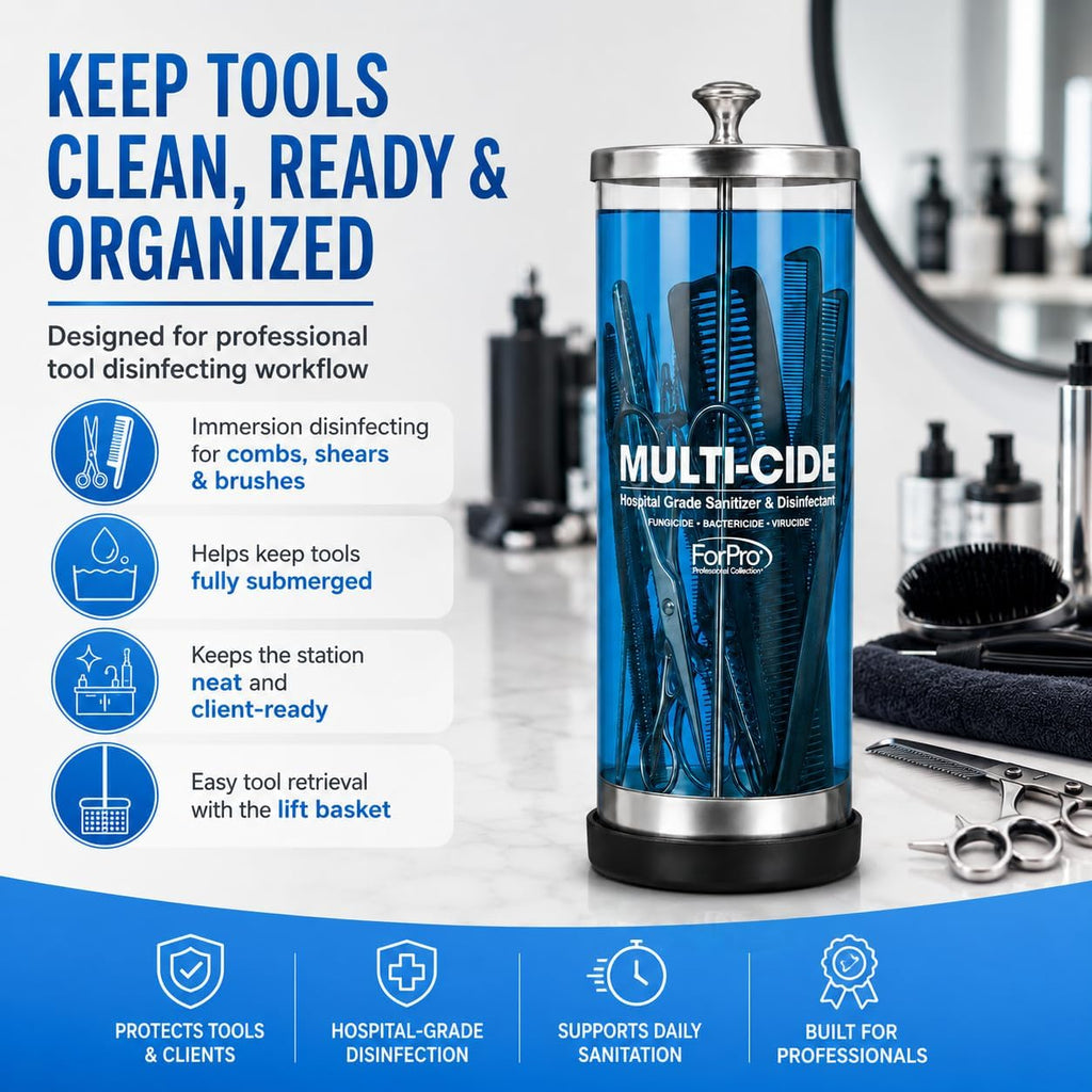 ForPro Multi-Cide Tall Glass Disinfectant Jar, Holds Brushes, Combs, Shears & Salon Tools, Clear Sanitizing Jar for