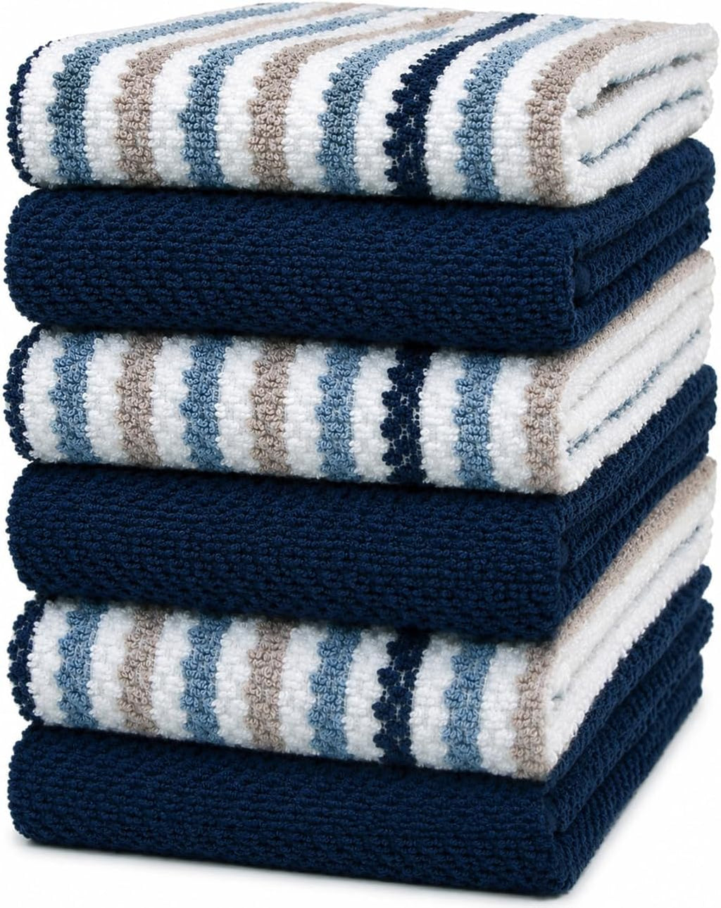 Bumble Kitchen Towels 6 Pack 100% Cotton 16"x26" - Blue Wide Stripe | 430 GSM Soft Kitchen Hand Towels with Hanging