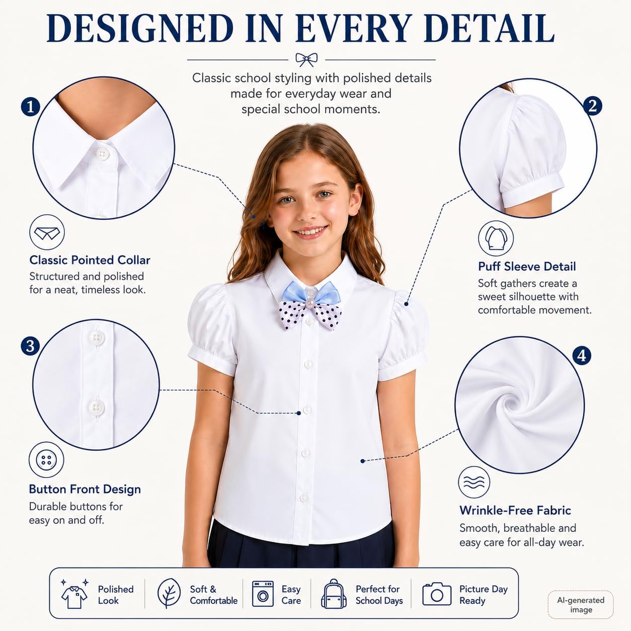 Wrinkle-Free White Girls Blouse: School Uniform 5 Bow Ties Shirt | Ages 6-13, students, classroom days, picture day