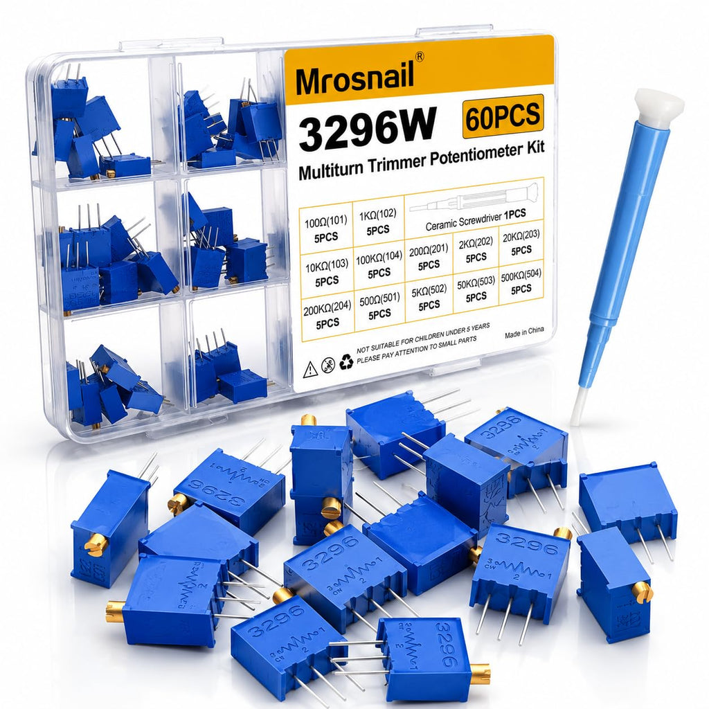 60PCS 3296W Multiturn Trimmer Potentiometer Kit, 100Ω-500KΩ