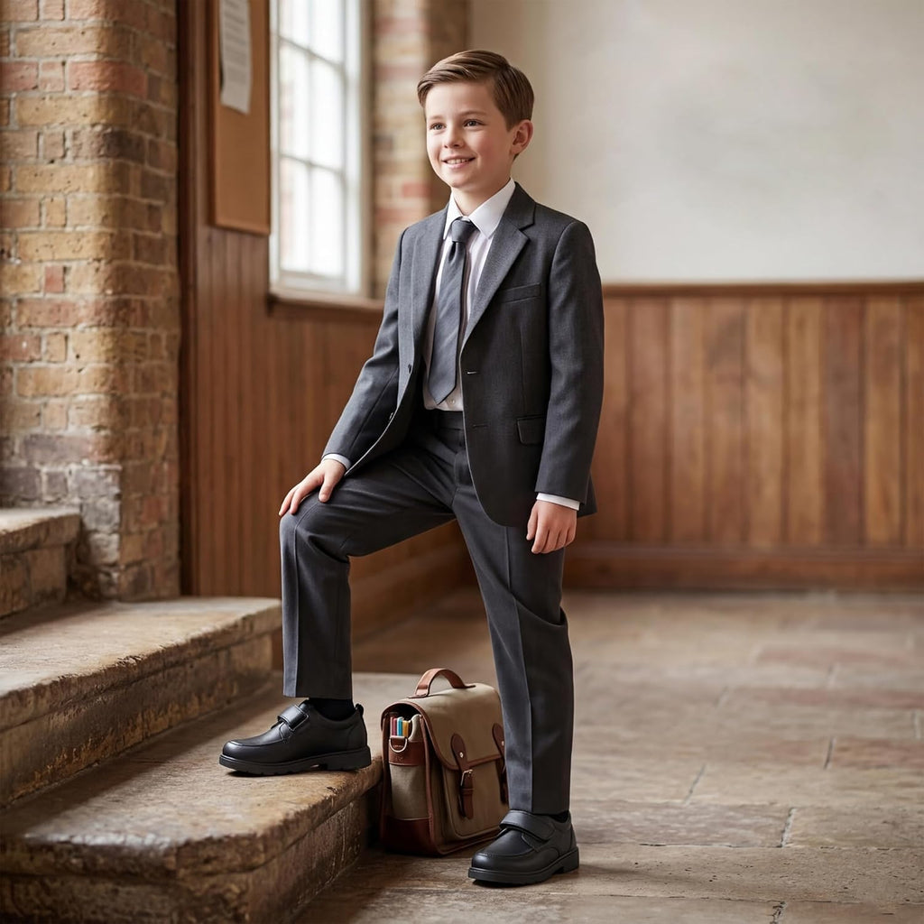 Boys School Uniform Shoes Lightweight Kids Formal Dress Shoes Slip-On Loafers with Hook and Loop Strap