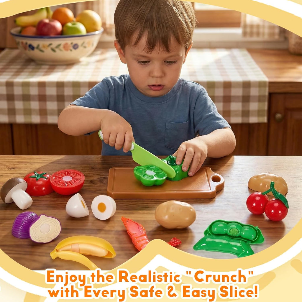 Cutting Play Food Toys, 25 Pieces Pretend Play Kitchen Accessories, Fake Fruits/Vegetables Set with Shopping Storage