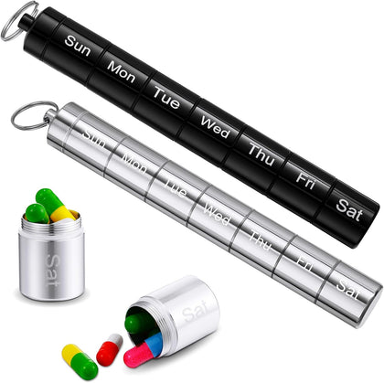 2 Pack Metal Weekly Pill Organizer Travel Pill Container with Keychain 7 Day Weekly Waterproof Small Capsules Holder