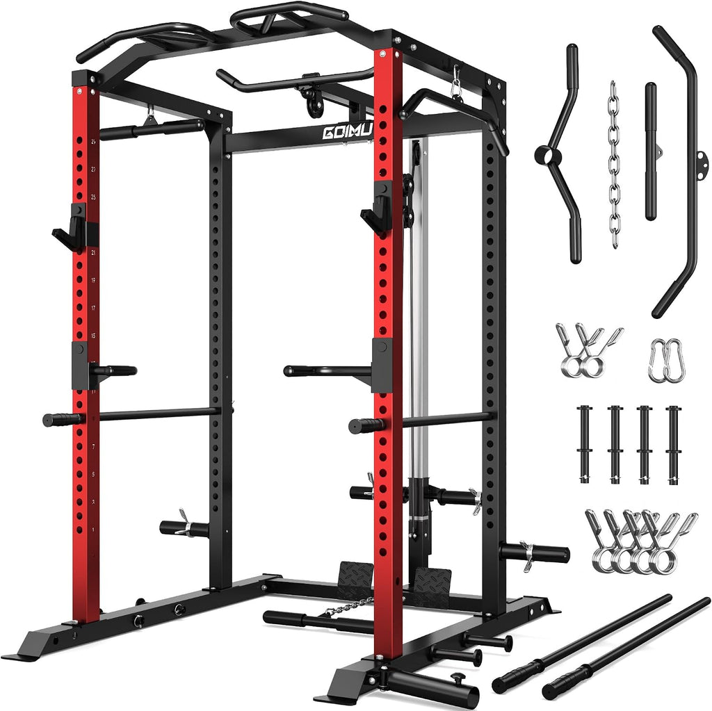 C1-V4 Power Cage, 2000LBS Squat Rack with LAT Pulldown, Multi-Function Weight Cage Strength Training Machine, Workout