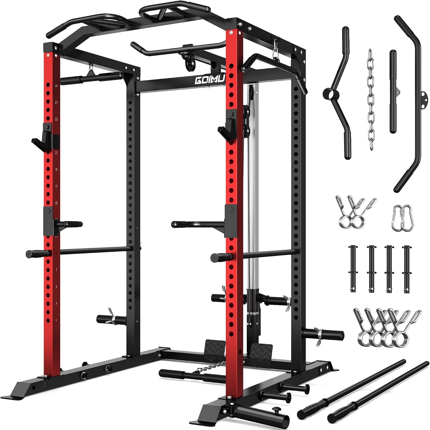 C1-V4 Power Cage, 2000LBS Squat Rack with LAT Pulldown, Multi-Function Weight Cage Strength Training Machine, Workout
