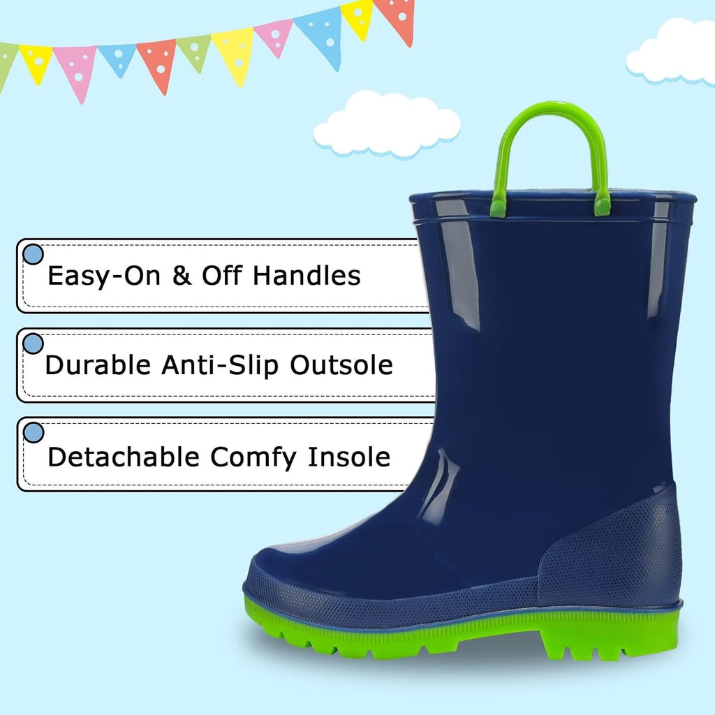 Kids Rain Boots Toddler Waterproof Boots | Lightweight, Vibrant Color Options for Boys & Girls, Easy Pull-On Handles