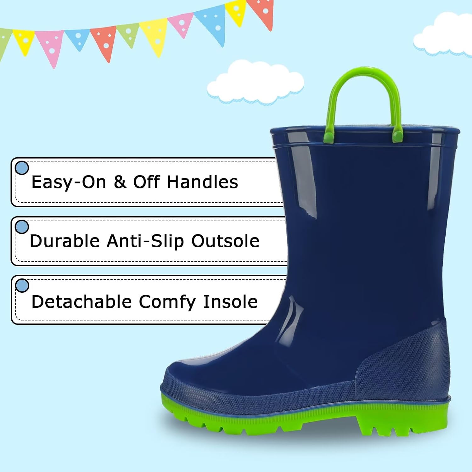 Kids Rain Boots Toddler Waterproof Boots | Lightweight, Vibrant Color Options for Boys & Girls, Easy Pull-On Handles