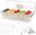 Large Ice Chilled Condiment Server with Lid, 5 Compartment Chilled Condiment Caddy, Taco Bar Serving Tray, Garnish