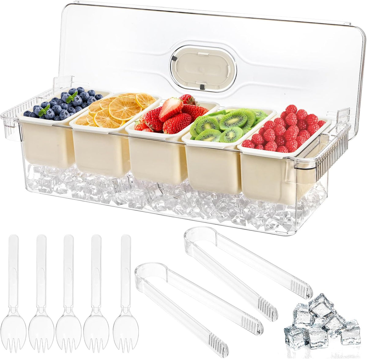 Large Ice Chilled Condiment Server with Lid, 5 Compartment Chilled Condiment Caddy, Taco Bar Serving Tray, Garnish