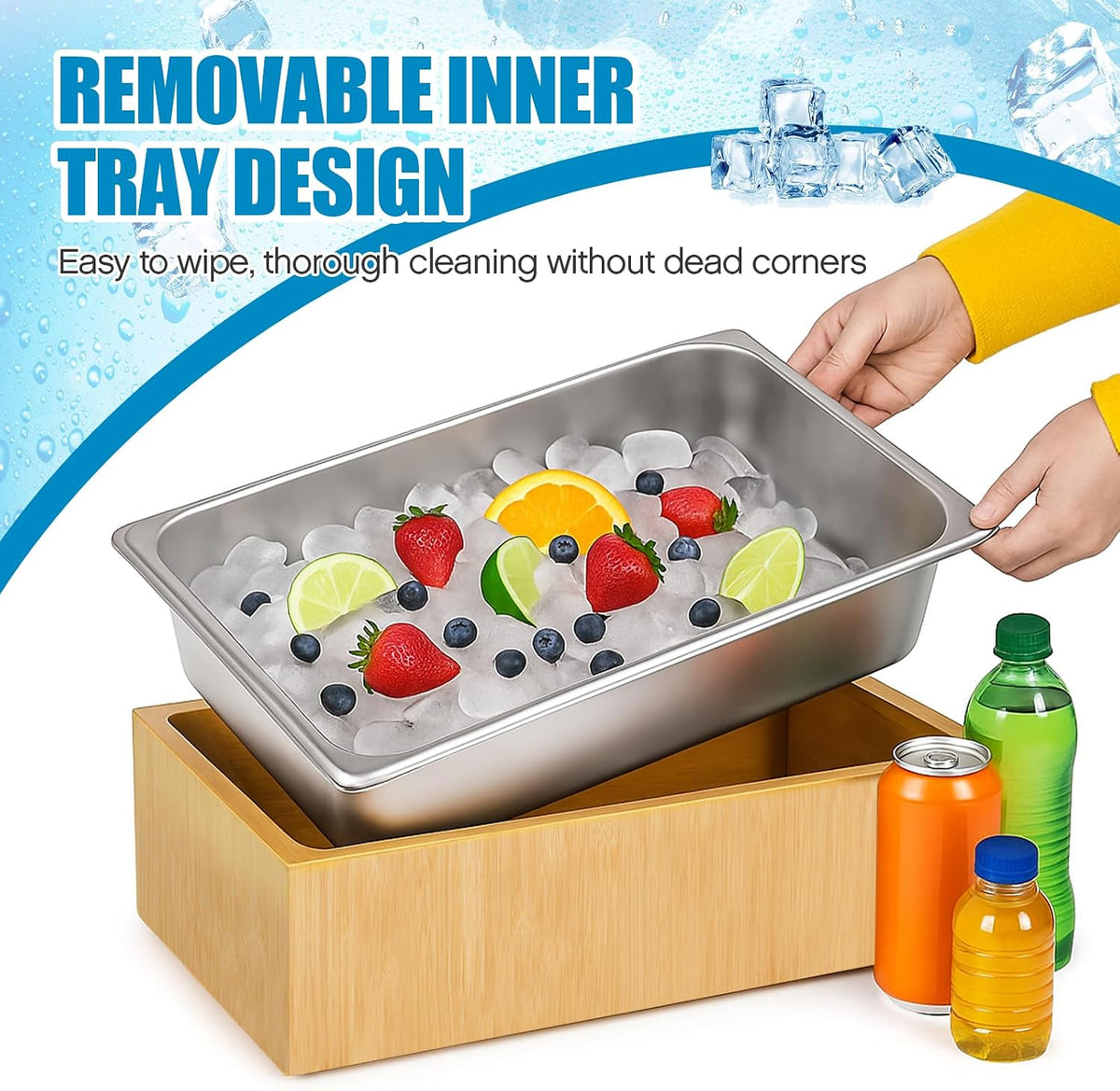 Large Bamboo Ice Bin with Removable Steel Tray for Party Buffet Drinks