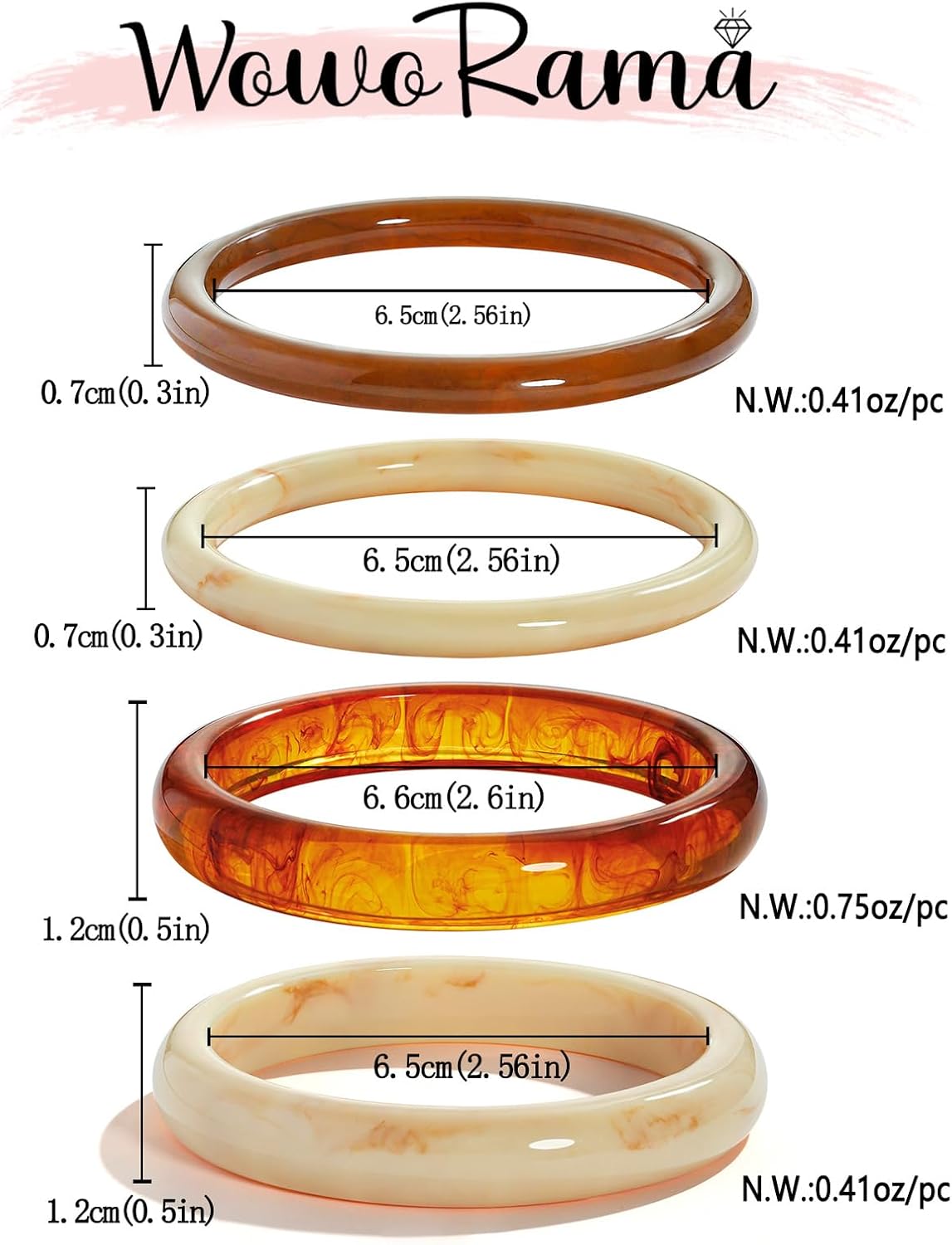 4Pcs Resin Acrylic Bangle Bracelets Set for Women Stackable White Brown Acetate Resin Bangles Geometric Chunky