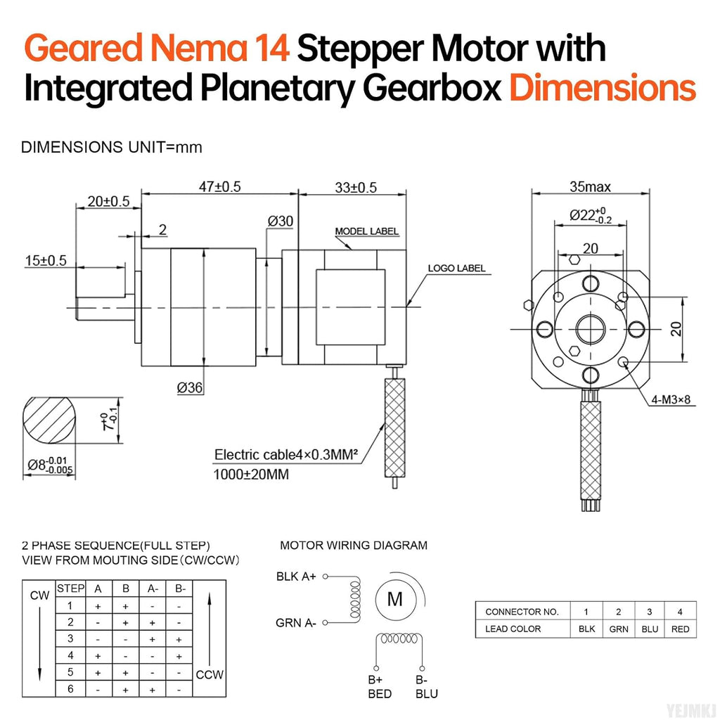 100:1 Planetary Gearbox Nema 14 Stepper Motor 26Ncm 28x80mm 1.2A