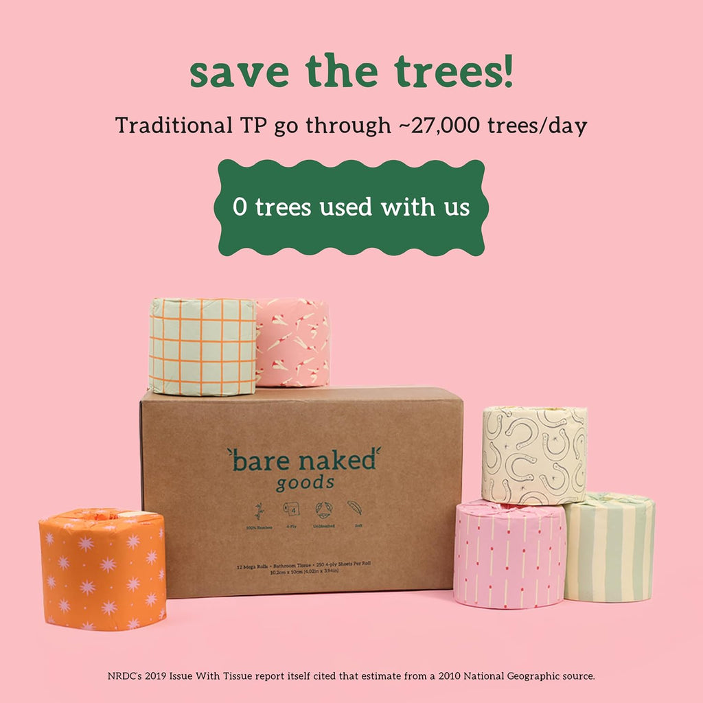 Bare Naked Unbleached Bamboo Toilet Paper, 12 Rolls, 250 Sheets, 4-Ply
