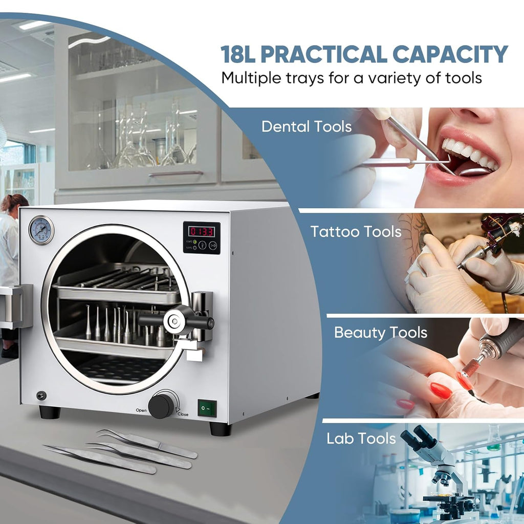 18L Autoclave Sterilizer – Tabletop Class N High Pressure Steam Sterilizer Autoclave Machine with Digital Control