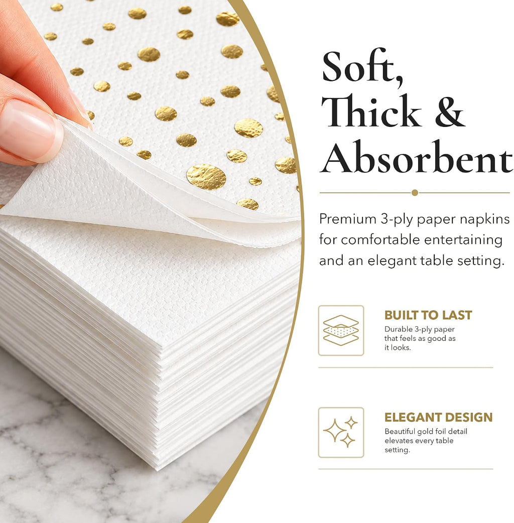 Gold Cocktail Napkins, 100 White and Gold Party Napkins, 5x5 Inch