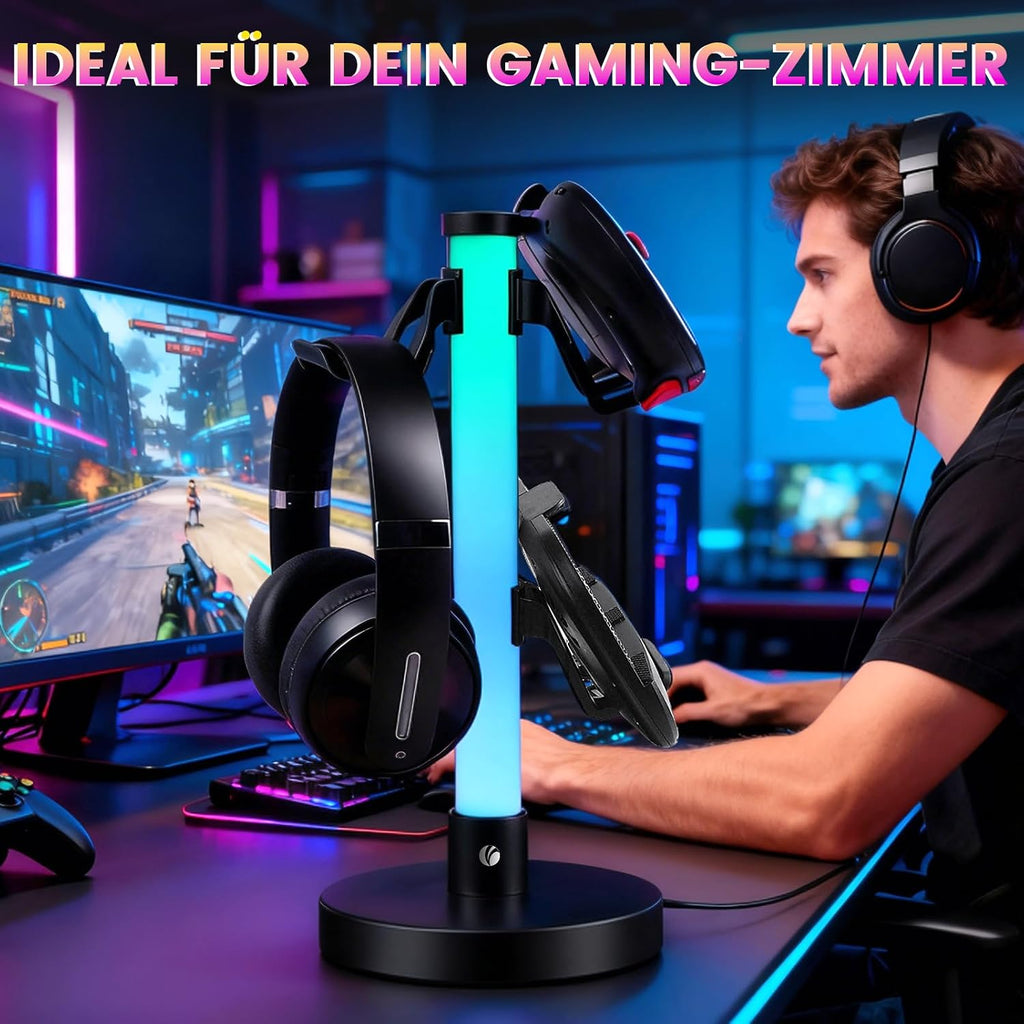 COM Headphone Stand with 17 Light Modes, Gaming Controller Holder with Remote Control, PC Gaming Accessories for