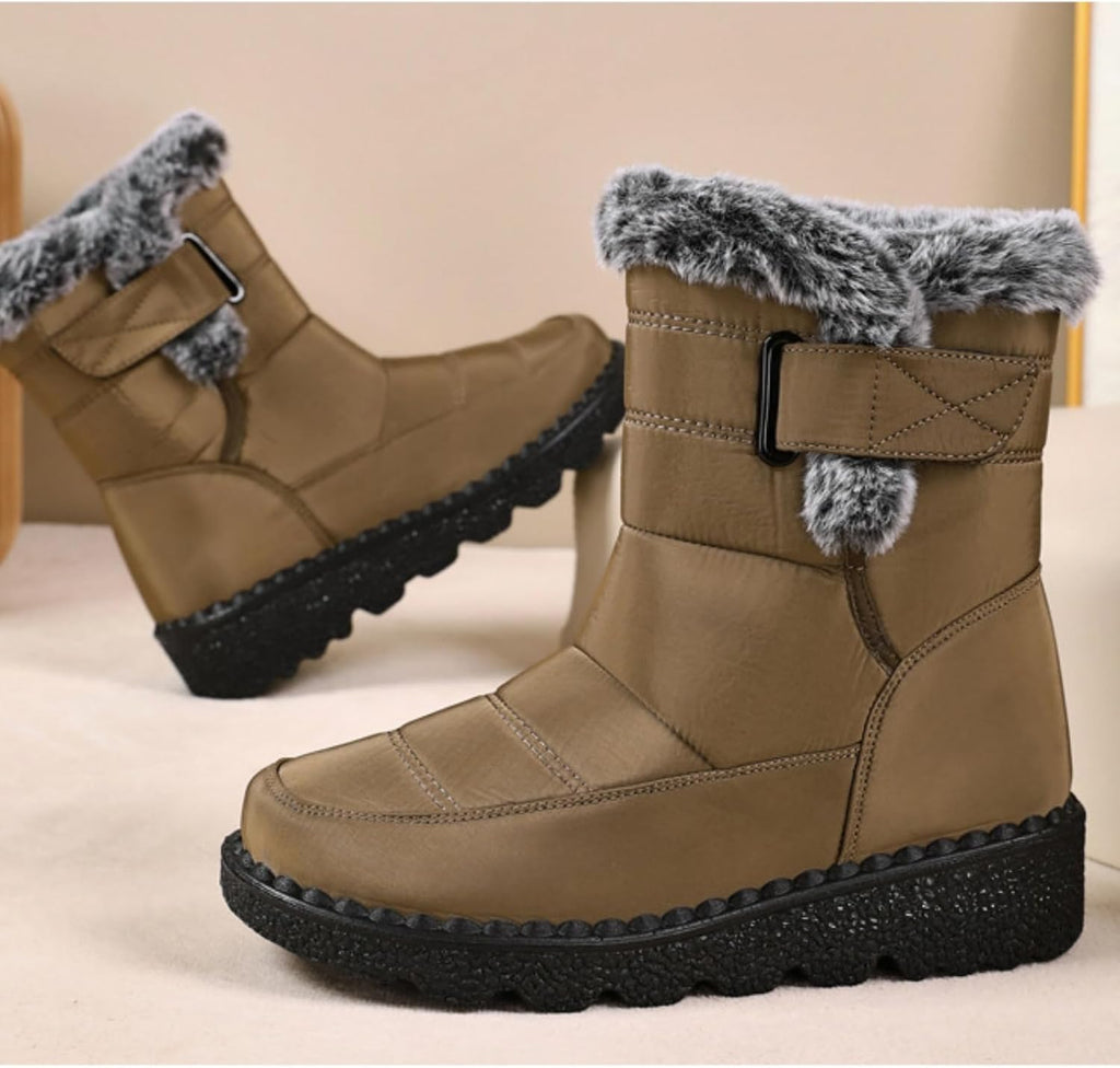 Women's Winter Snow Boots Mens Warm Fur Lined Snow Boots Anti-Slip Waterproof Mid-Calf Booties with Hook and Loop