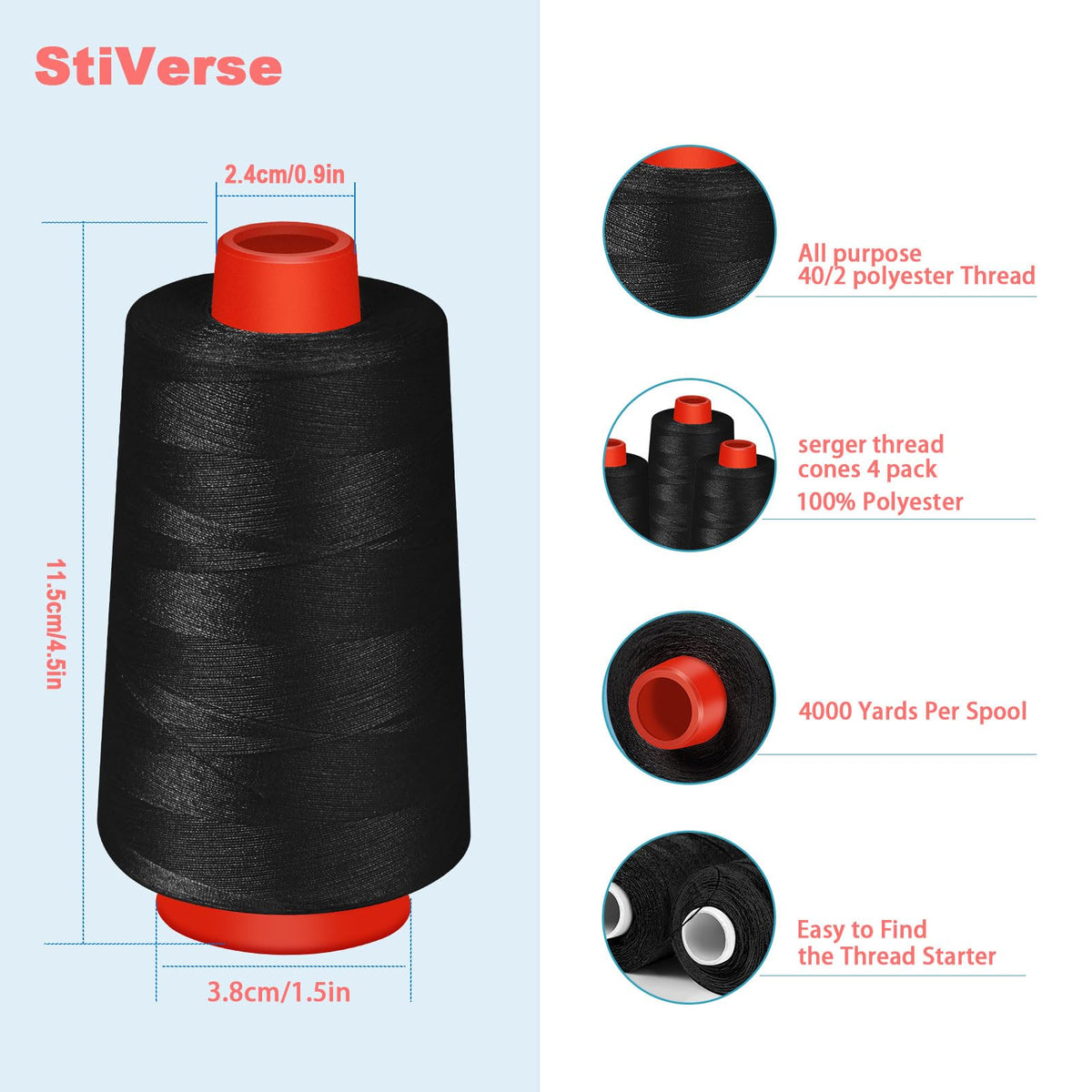 Black Sewing Thread, Serger Thread Cones 4 Pack,40S/2-24000Y Sewing Thread