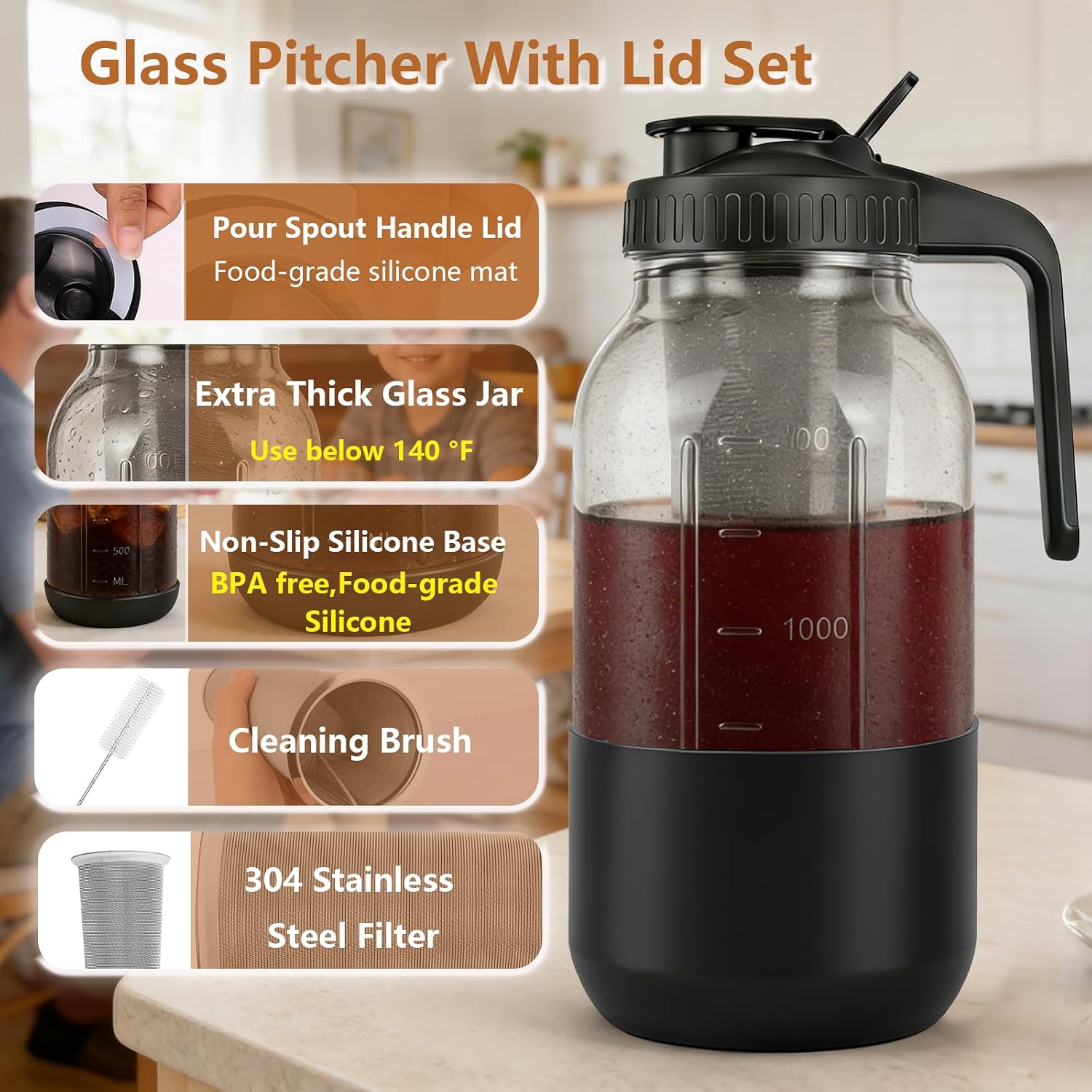 Cold Brew Coffee Maker, 64oz Mason Jar Pitcher with Stainless Steel Filter, Leak-Proof Lid with Pour Spout & Handle