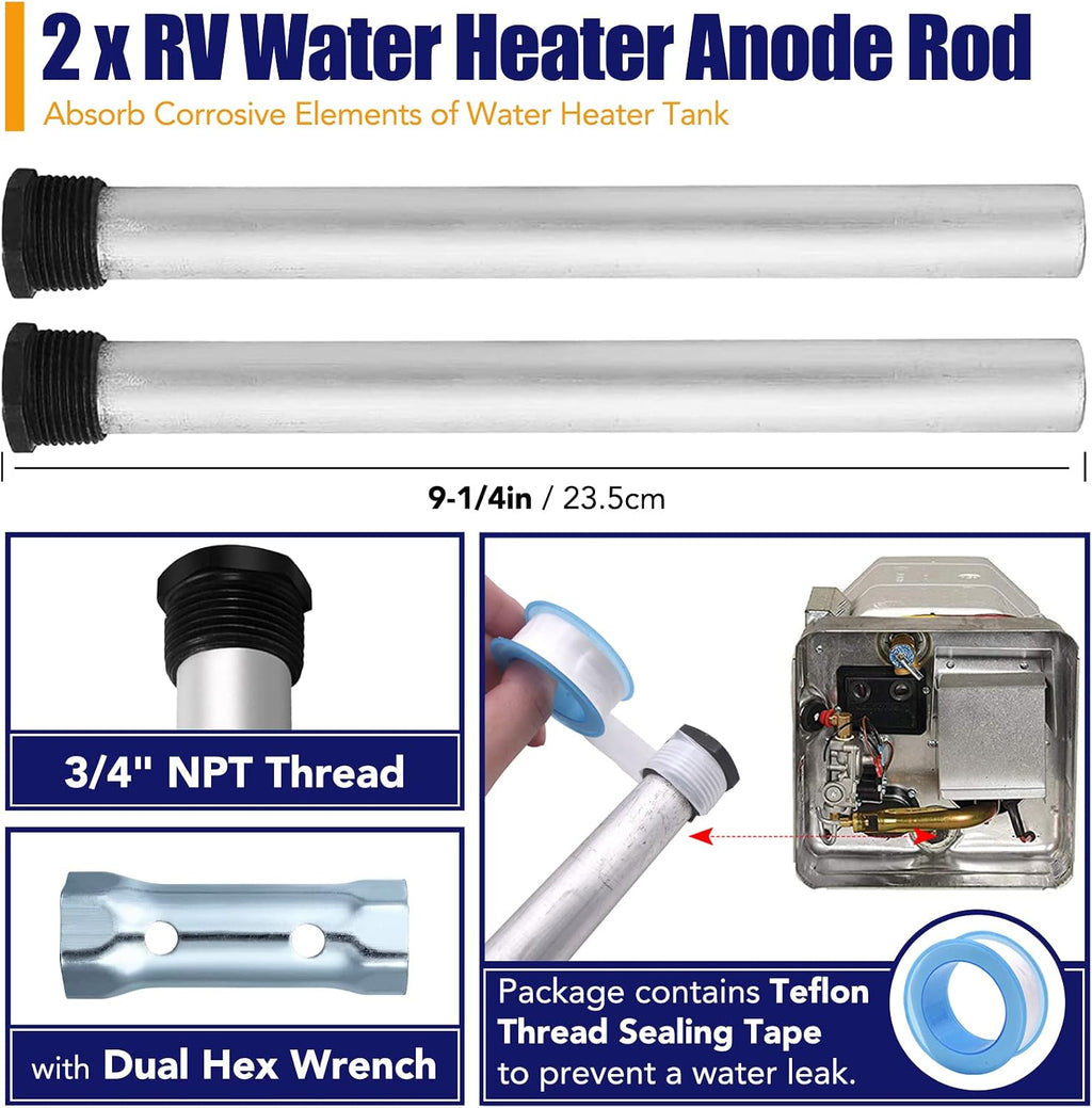 RV Water Heater Anode Rod & Flush Wand & Element Socket - 9.25"L x 3/4"NPT Thread Magnesium Rod for Suburban, Mor-Flo, Camper Hot Water Tank Cleaning Rinser with Dual Hex Wrench Removal Tool