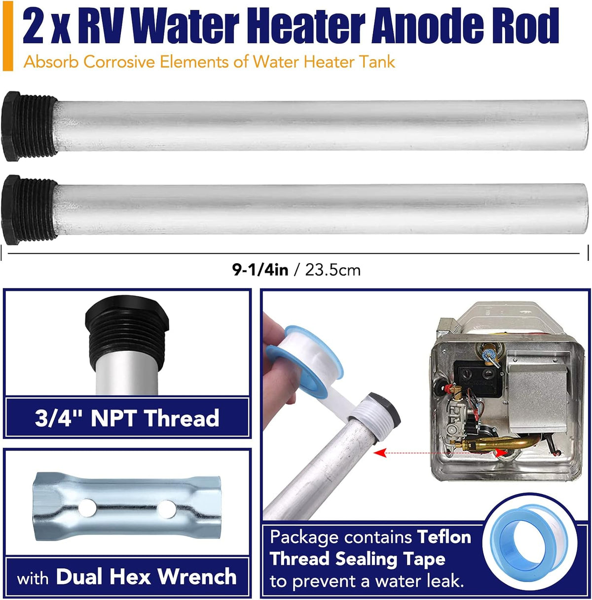 RV Water Heater Anode Rod & Flush Wand & Element Socket - 9.25"L x 3/4"NPT Thread Magnesium Rod for Suburban, Mor-Flo, Camper Hot Water Tank Cleaning Rinser with Dual Hex Wrench Removal Tool