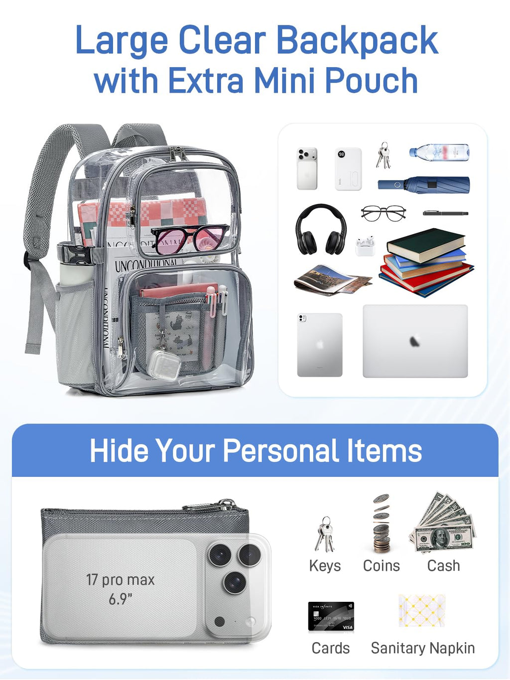 17" Clear Backpack for School, Large Clear Bookbag with Accessories