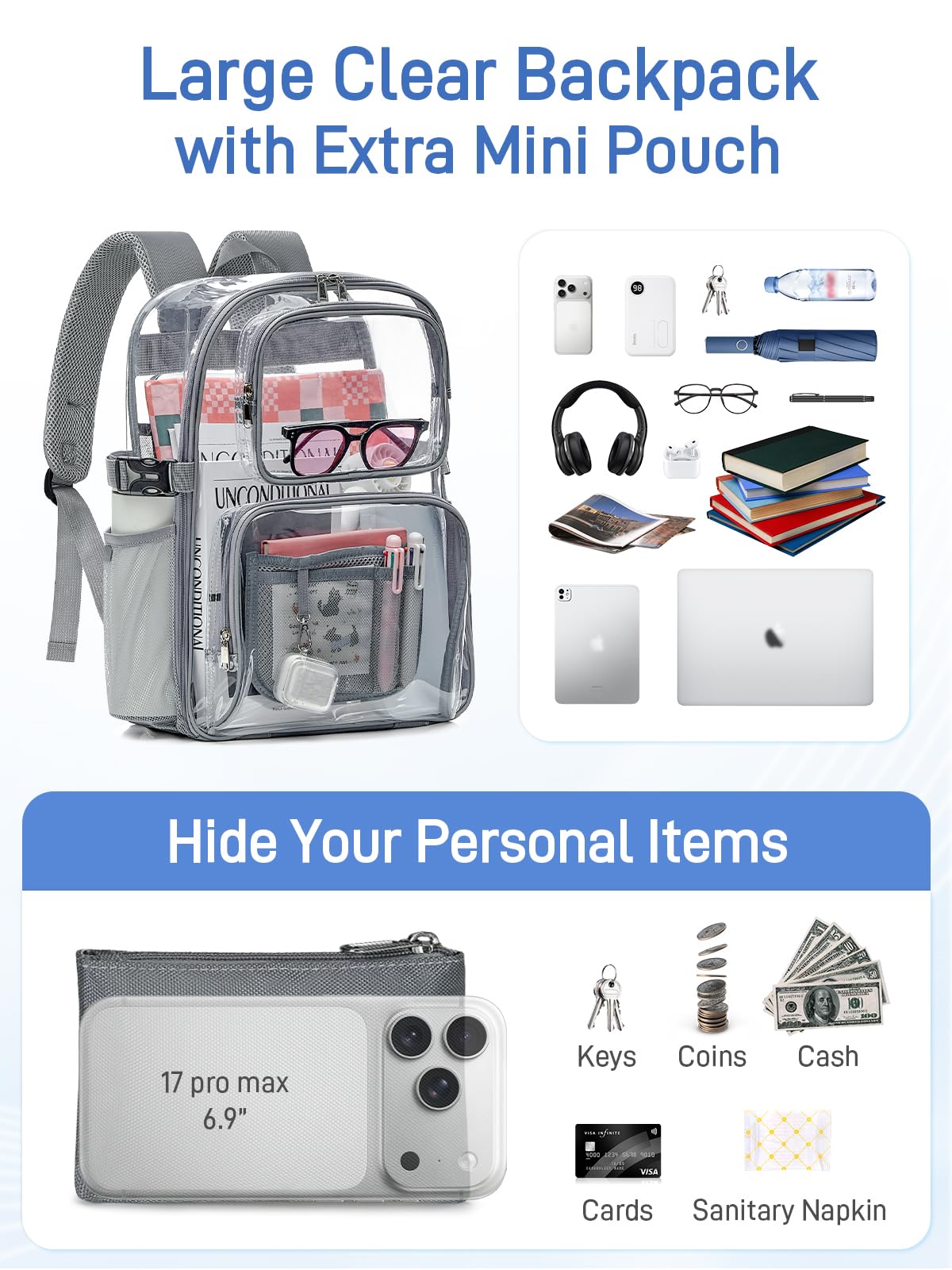 17" Clear Backpack for School, Large Clear Bookbag with Accessories
