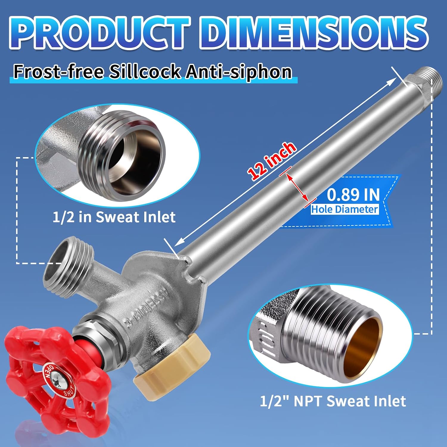12inch Anti-Siphon Frost Free Sillcock Valve, No Lead Brass Freeze Proof Outdoor Water Faucet, 1/2" NPT X 3/4'' GHT
