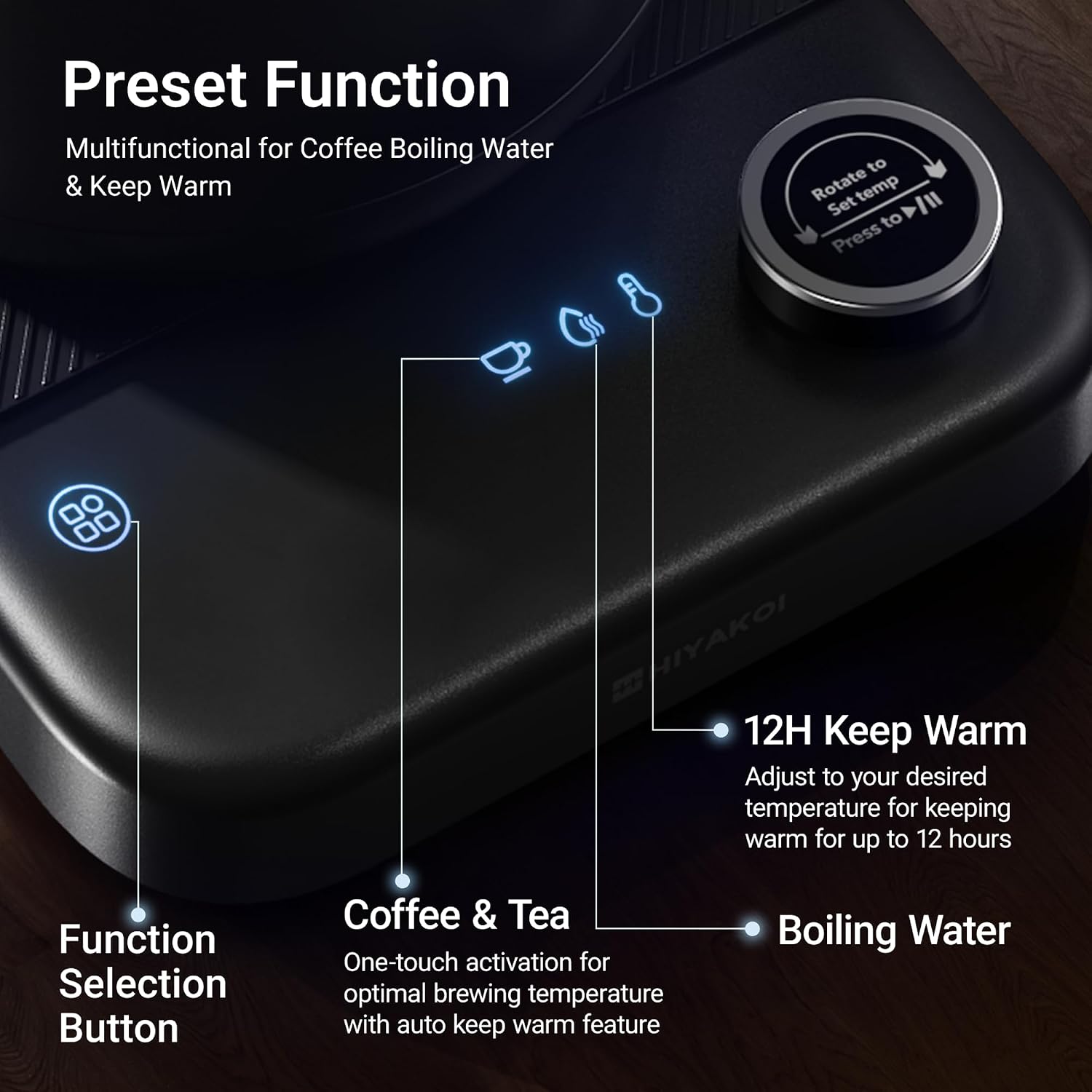 Gooseneck Electric Kettle HIYAKOI with ±1℉ Temperature Control, Pour Over Kettle for Coffee & Tea, 1200W Rapid