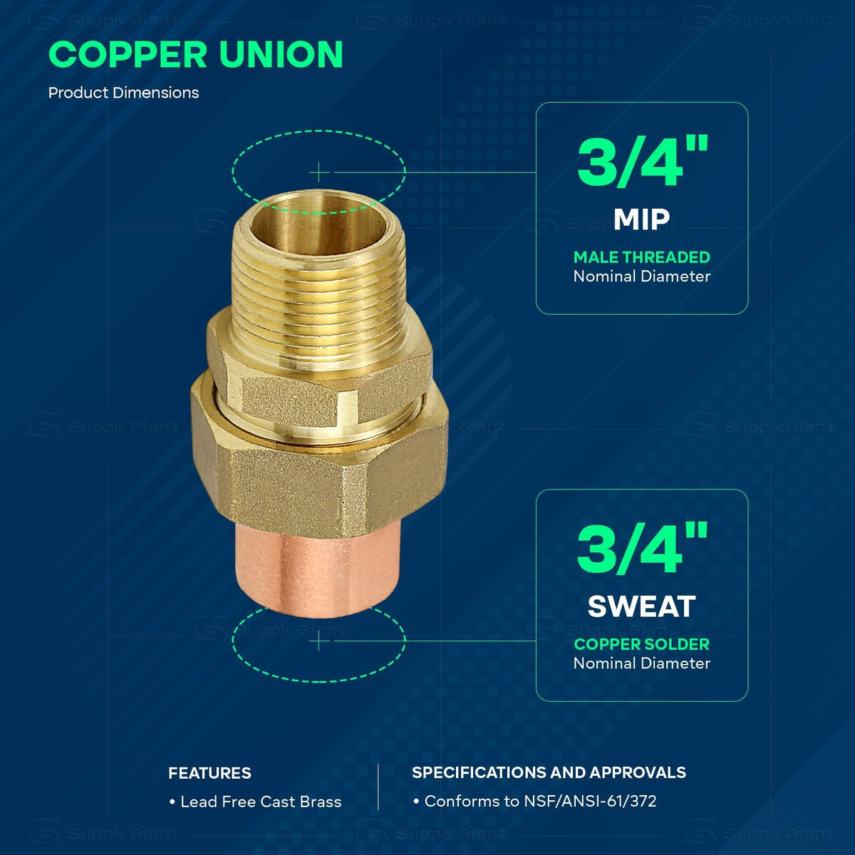 Everflow DDNV0034 3/4" Copper Union Fitting with Sweat to Male Threaded Connects